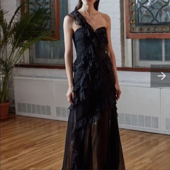 AMUR Harlow Silk One-Shoulder Ruffle Sheer Maxi Dress Black 2 - Picture 10 of 16